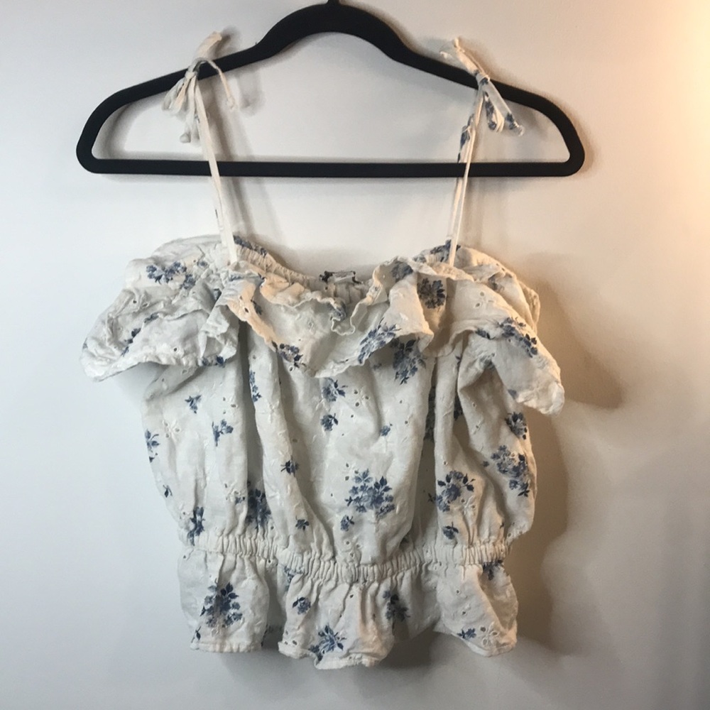 American Eagle Crop Small Top Floral White Blue Ruffle Sleeveless